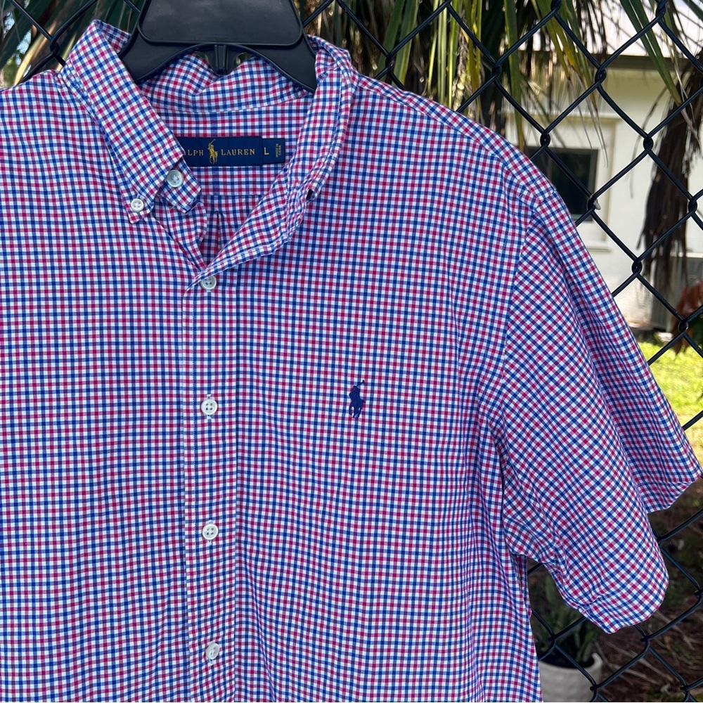 Ralph Lauren Men's Button Down Shirt Large Gingham Red White Blue Short Sleeve